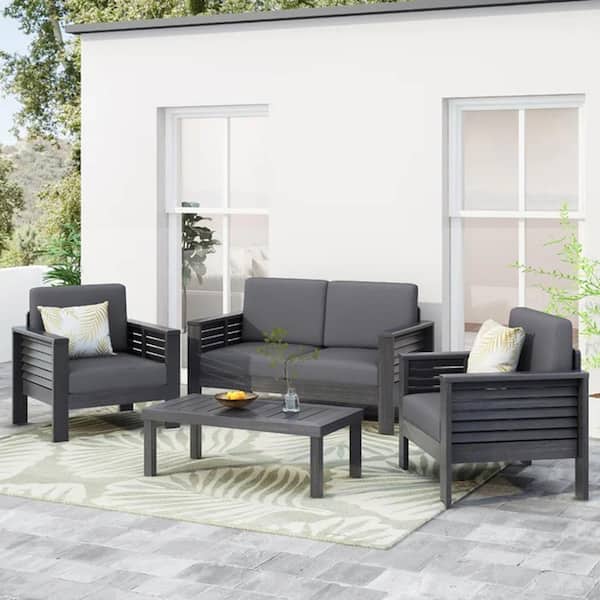 Unbranded 4-Pieces Wood Patio Conversation Set, Outdoor Loveseat and Coffee Table Set with Gray Cushions