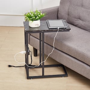 11 in. W. Black C-Shaped End Side Couch Table Snack Style for Living Room, Sofa, Wood TV Tray with USB Ports and Outlets