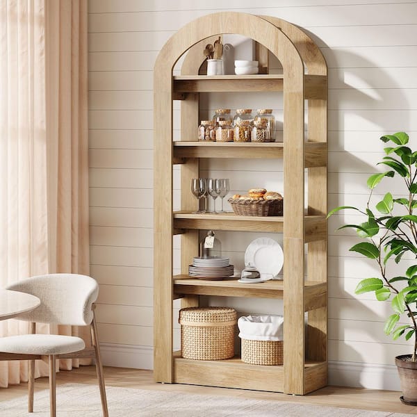 Eulas 70. 8in. Tall Brown Engineered Wood 5-Shelf Arched Bookcase Bookshelf for Home Office Living Room