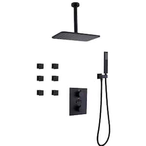 Thermostatic 2-Handle 3-Spray Ceiling Mount Rainfall Shower Faucet with 6-Jet in Matte Black (Valve Included)