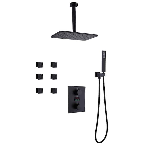 Tomfaucet Thermostatic 2-Handle 3-Spray Ceiling Mount Rainfall Shower Faucet with 6-Jet in Matte Black (Valve Included)