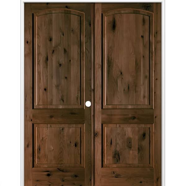 72 in. x 96 in. Rustic 2-Panel Arch Top Left Active Espresso Stain Knotty Alder Wood Double Prehung Interior Door