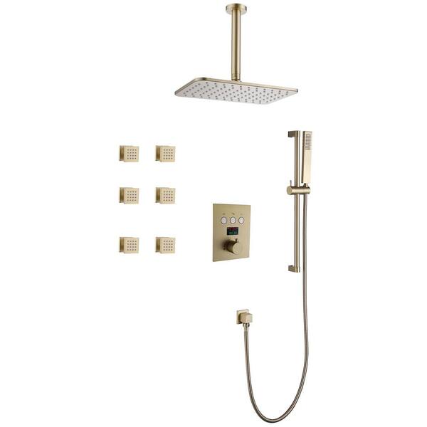 Tomfaucet Thermostatic Single-Handle 3-Spray Patterns 12 in. Ceiling Mount Rainfall Shower Faucet in Brushed Gold (Valve Included)