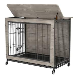 Any 38.3 in. W Heavy-Duty Wooden Dog Crate Furniture with Doors and Flip-Top for Large Dogs in Gray