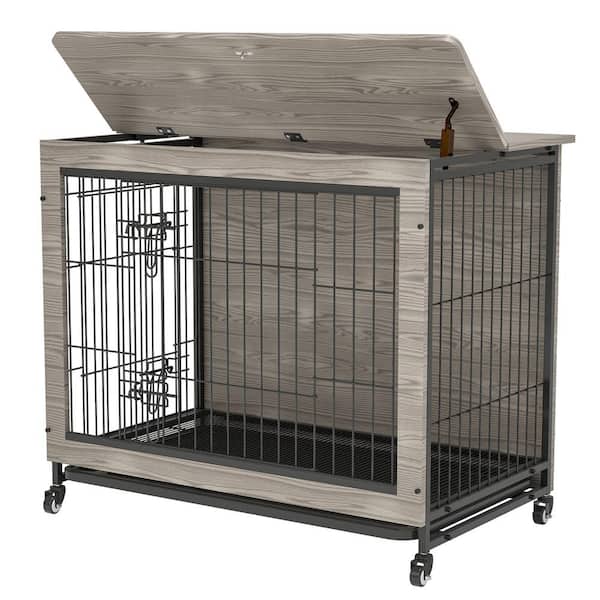 Miscool Any 38.3 in. W Heavy-Duty Wooden Dog Crate Furniture with Doors and Flip-Top for Large Dogs in Gray