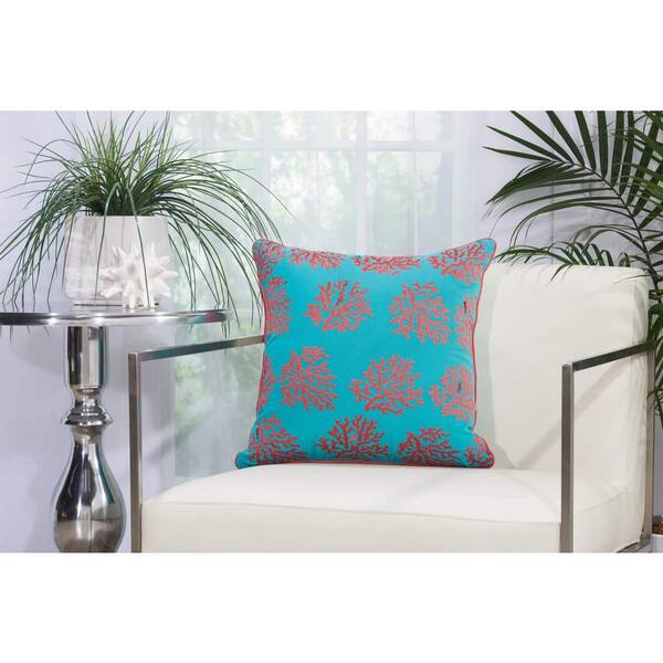 Mina Victory Corals Turquoise and Coral Floral Stain Resistant Indoor/Outdoor 18 in. x 18 in. Throw Pillow