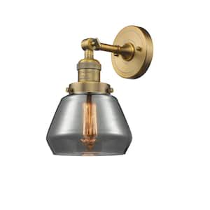 Franklin Restoration Fulton 7 in. 1-Light Brushed Brass Wall Sconce with Plated Smoke Glass Shade