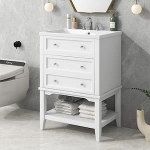 24 in. W x 18 in. D x 34.2 in. H Freestanding Bath Vanity in White with White Ceramic Top Single Basin Sink