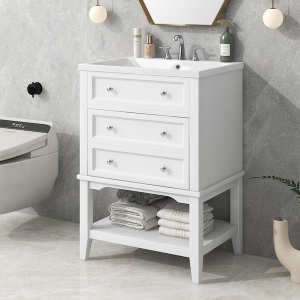 EPOWP 24 in. W x 18 in. D x 34.2 in. H Freestanding Bath Vanity in White with White Ceramic Top Single Basin Sink
