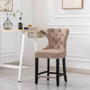 Harper 24 in. High Back Nail Head Trim Button Tufted Taupe Velvet Counter Stool with Solid Wood Frame in Black