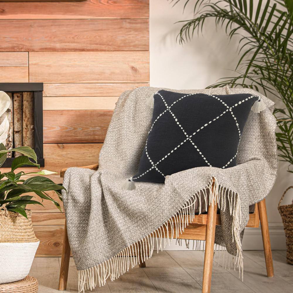 Geometric Black and White Embroidered Tassel Throw Pillow 20x20