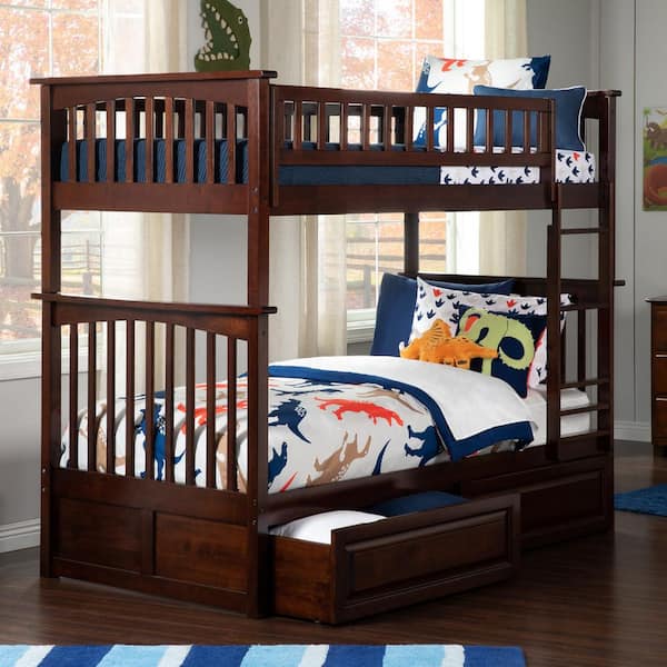AFI Columbia Bunk Bed Twin over Twin with 2 Raised Panel Bed Drawers in Walnut