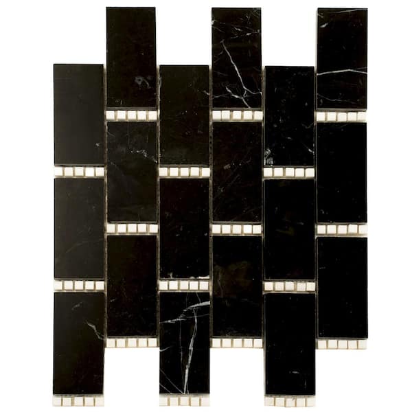 Noir Luxe 12 in. x 13 in. Polished Black, White Marble Mosaic Brick Wall and Floor Tile (5.28 sq. ft./case)-5 Pack