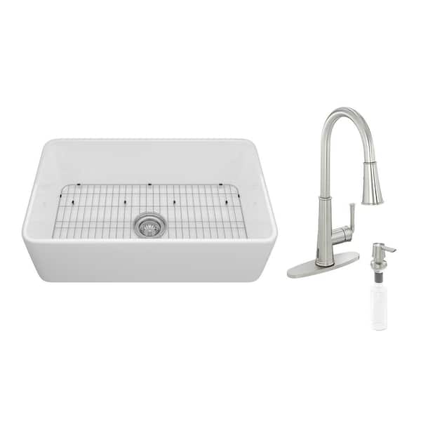 30 in. Farmhouse Apron Single Bowl White Fireclay Kitchen Sink with Faucet and Accessories All-in-one Kit