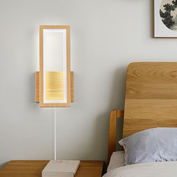 Home Lighting 5.9 in. 1-Light Wood Color Modern Plug in LED 6000K Wall Sconce Rectangle for Living Room, 2Pack