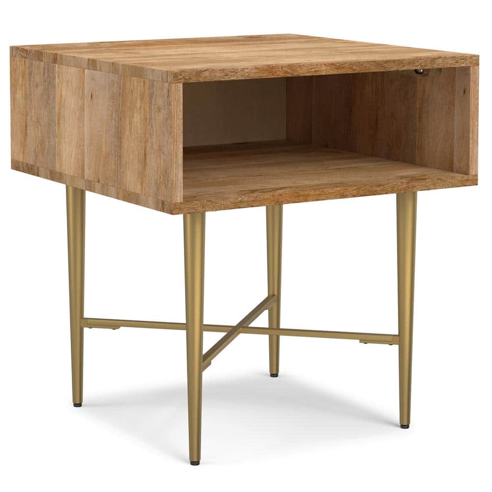 Natural Mango Wood and Gold Metal Square End Table with Storage