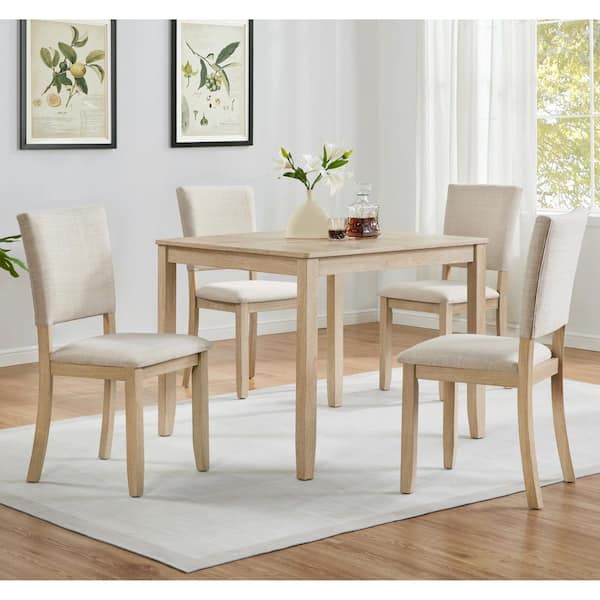 Gravell Modern 5-Piece Square MDF Top Dining Table Set with Linen Fabric Upholstered Chairs, Light Oak Plus Beige
