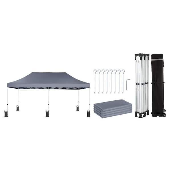 10 ft. x 20 ft. Gray Heavy Duty Pop Up Canopy Tent with Thickened Frame, 4 Sidewalls, 8 Stakes, 4 Sandbags and 4 Ropes