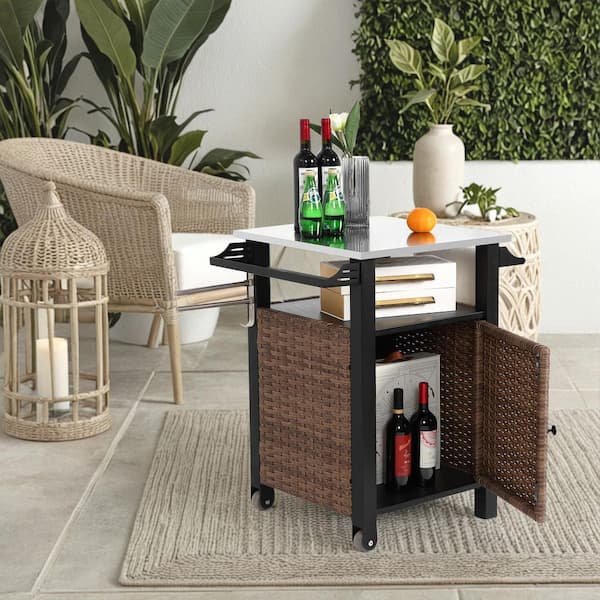 Unbranded Brown Wicker Outdoor Island Rolling Serving Cart with Storage Cabinet, Wheels and Stainless Steel Extended Table Top