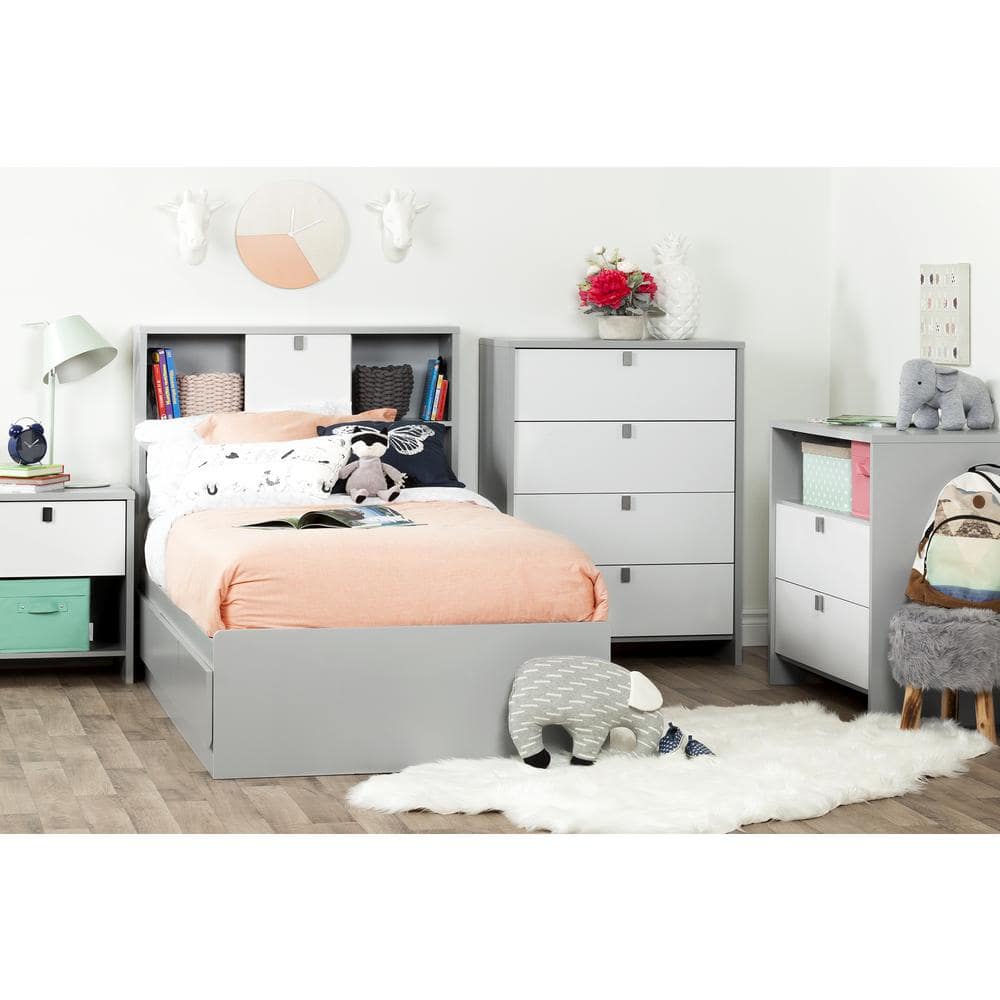 Soft Gray Twin Wood Captain's Bed with Storage Drawers