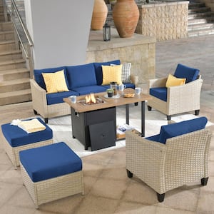 Camelia Beige 6-Piece Wicker Patio New Style Rectangular Fire Pit Seating Set with Navy Blue Cushions