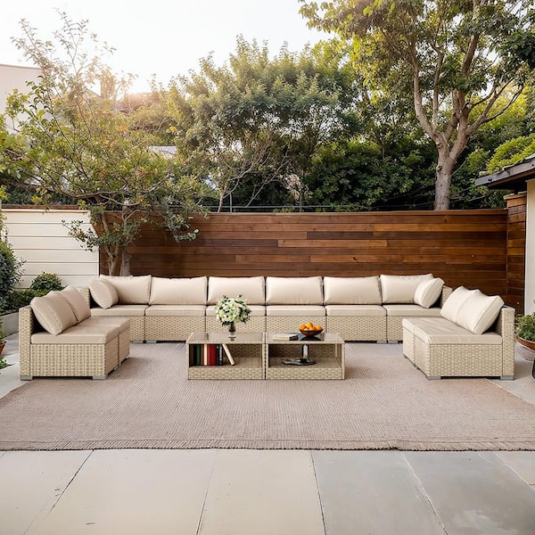 12-Piece Wicker & Metal Outdoor Sofa Sectional Set with Coffee Table and khaki Cushions