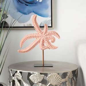 14 in. Pink Polystone Textured Starfish Sculpture with Copper Stand
