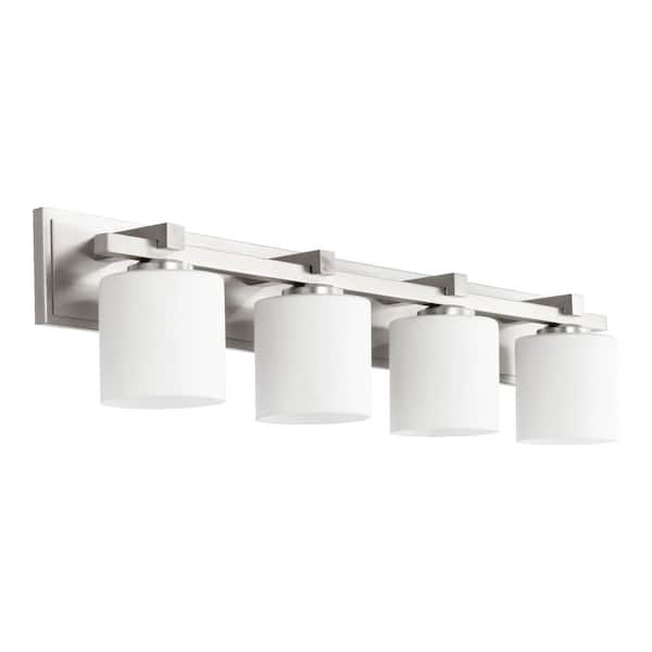 Quorum INTERNATIONAL Traditional Cylinder 33 in. W  4-Lights Satin Nickel Vanity Lights with Satin Opal Glass
