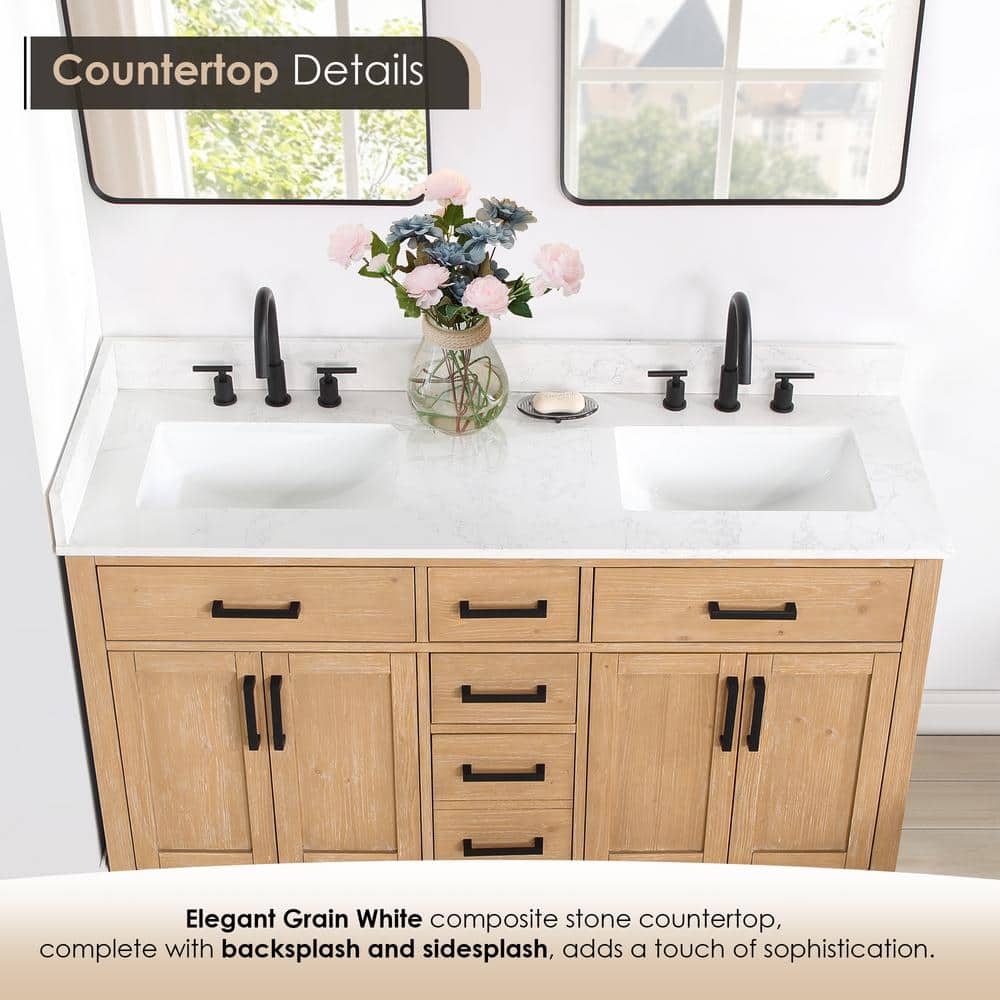 Gavino 60" Light Brown Wood Vanity with Stone Top and Mirror