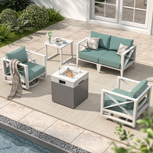 Maison Backyards 6-Piece Aluminum Patio Set with Fire Pit Table and Swivel Rockers, All-Weather Outdoor Seating for Garden/Balcony White
