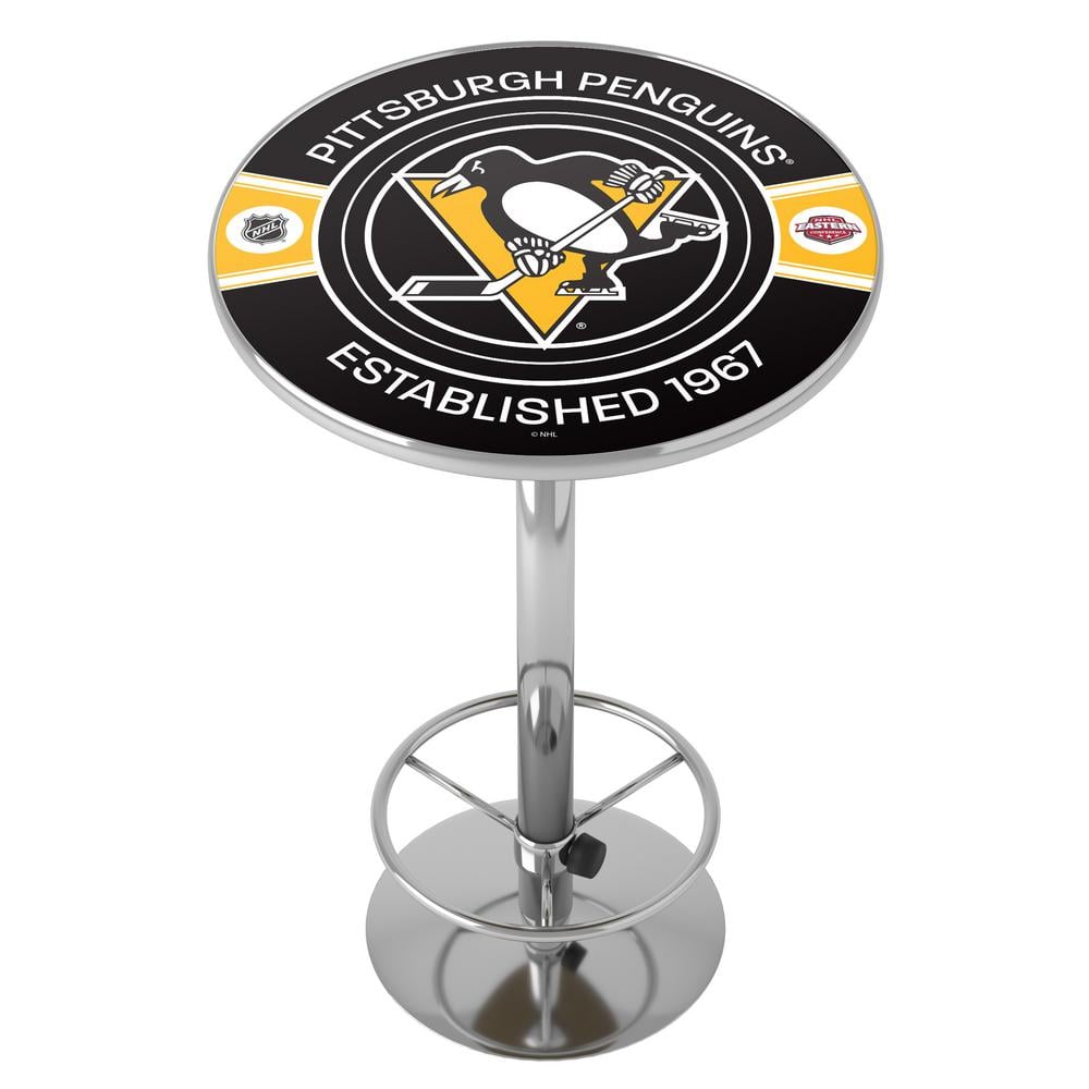 Pittsburgh Penguins Patch 27 in. Chrome Round Table Top with Adjustable Foo