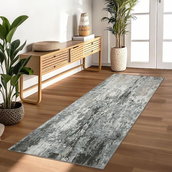 Gray 2 ft. x 6 ft. Modern Abstract Decorative Area Rug Polyester