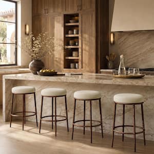 Luxe 26.6 in. H Beige Upholstered Bar Stool with Bronze Hammered Metal Legs and Low Back for Kitchen Island Set of 4