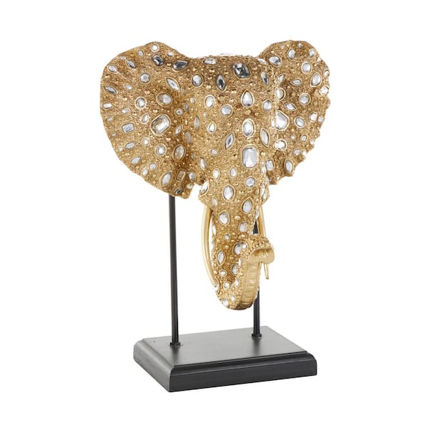 Litton Lane Gold Resin Beaded Elephant Sculpture with Rhinestone Accents and Black Metal Stand