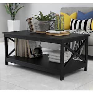 Modern 18 in. Black Wood Rectangle Coffee Table with UV Painting for Living Room, 39.57"L x 21.65"W x 17.72"H