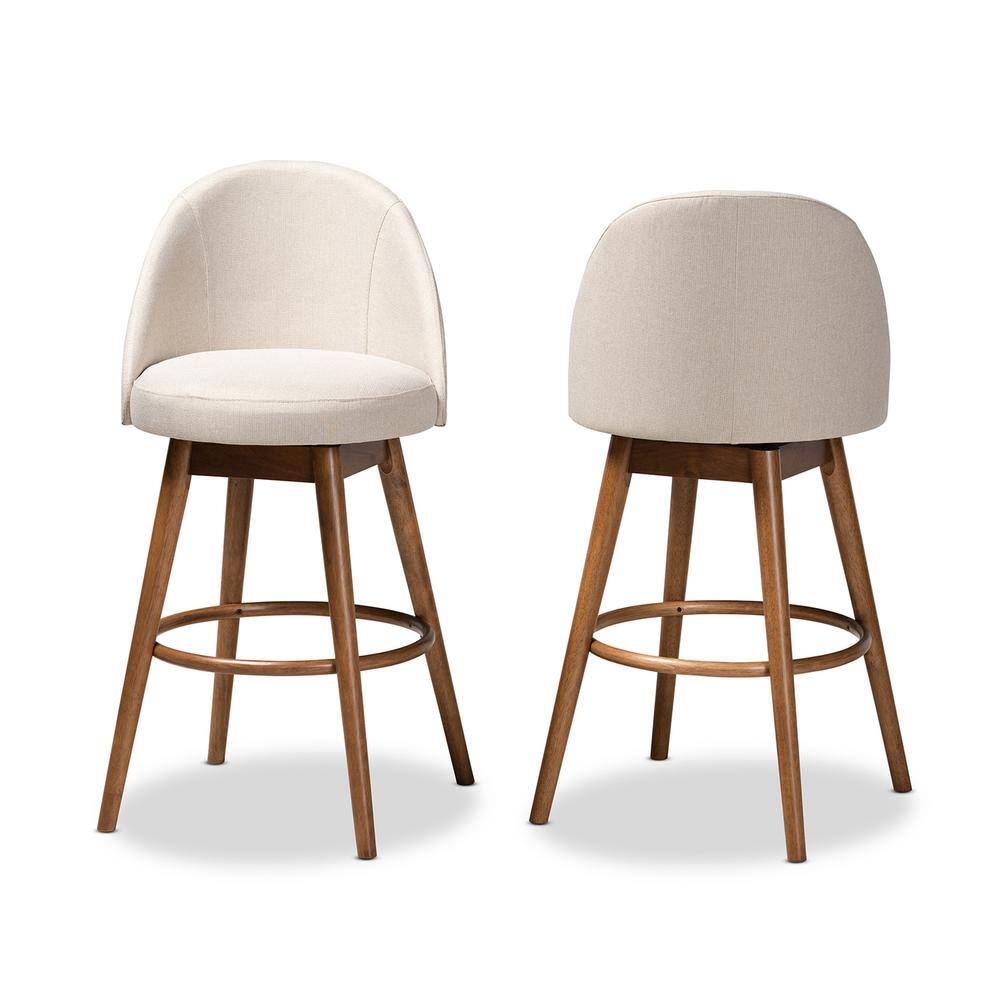 Light Beige Upholstered Walnut Wood Swivel Bar Stools, Set of 2