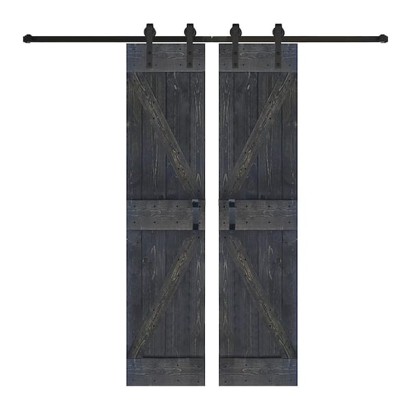ISLIFE K Series 48 in. x 84 in. Carbon Gray Finished Finished DIY Solid Wood Double Sliding Barn Door with Hardware Kit