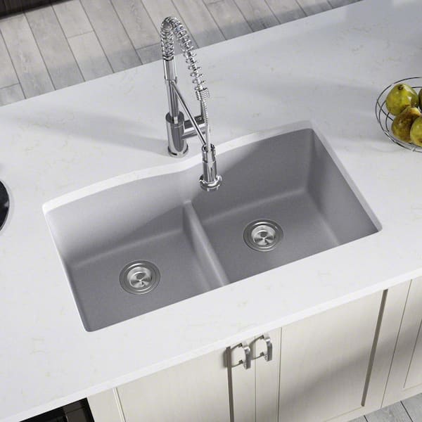 MR Direct Silver Quartz Granite 33 in. Double Bowl Undermount Kitchen Sink
