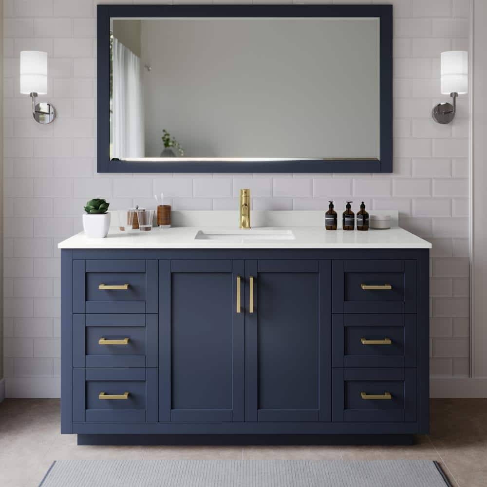 Miranda 66 in. W x 22 in. D x 33.75 in. H Single Bath Vanity in Dark Blue with White Quartz Top and 58 in. Mirror price history on PriceWatchPro