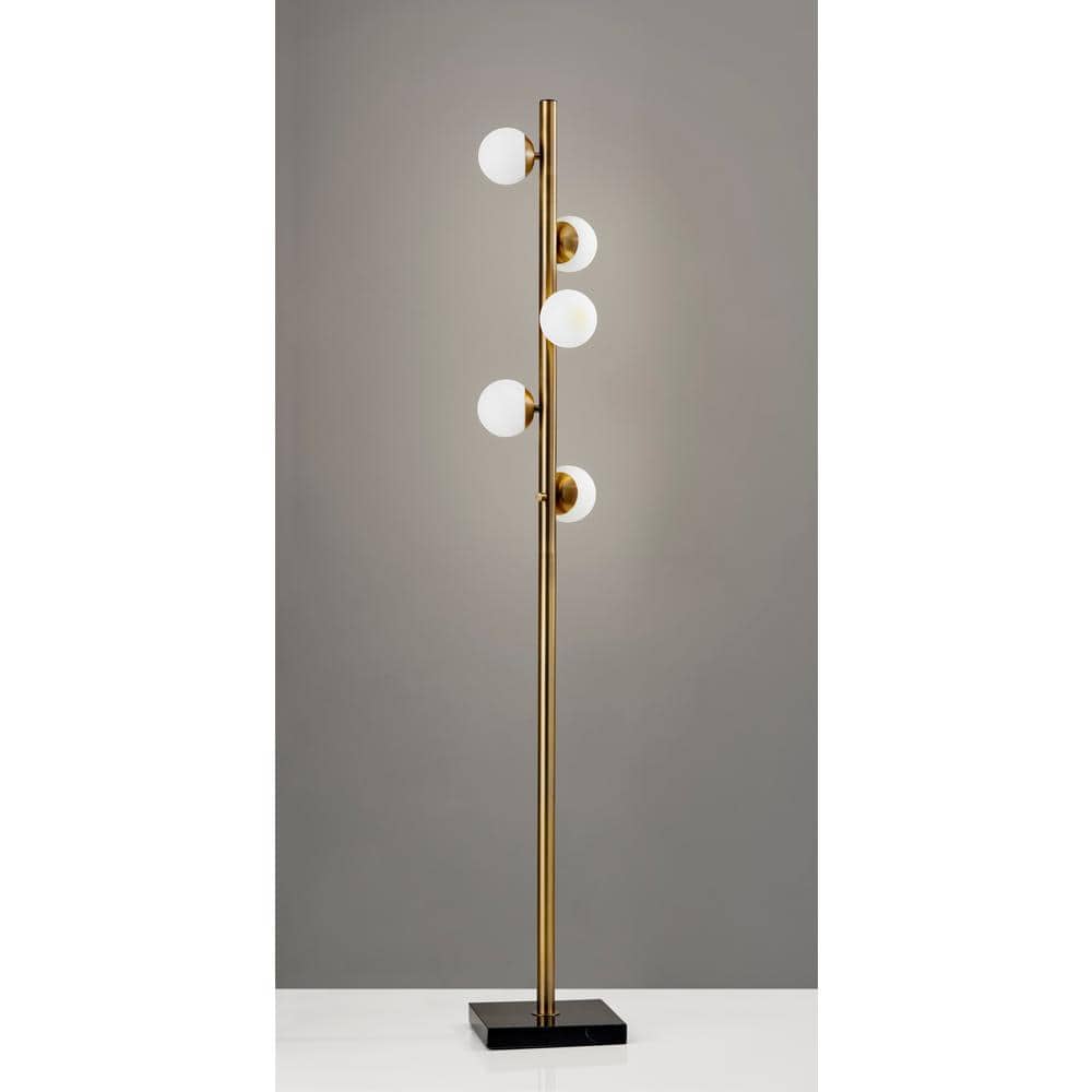 Mid-Century Antique Brass LED Tree Floor Lamp with White Opal Shades