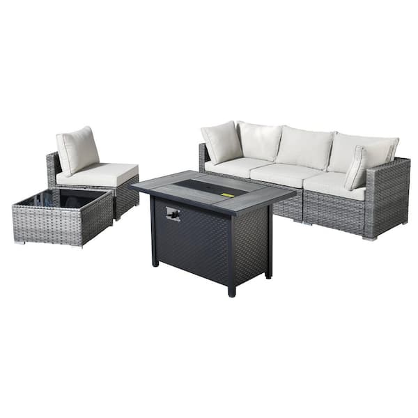 Messi Gray 6-Piece Wicker Outdoor Patio Conversation Sectional Sofa Set with a Metal Fire Pit and Beige Cushions