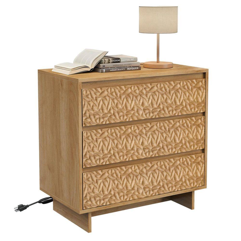 26.5 in. Modern Natural MDF Leaf Texture 3 Drawer Nightstand with Hidden Handle and Charging Station price history on PriceWatchPro