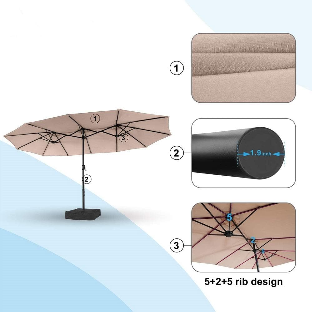 15 ft Beige Double-Sided Outdoor Market Umbrella with Crank and Base