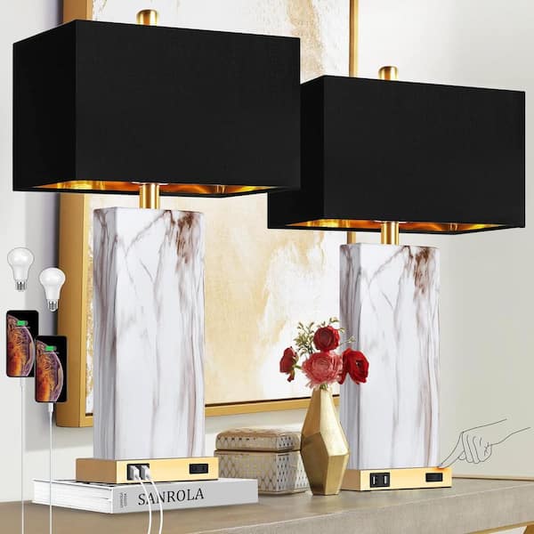 Rottogoon 25 in. White Touch Table Lamps, Bedside Lamps with 2 USB Ports and Black Shade, 3-Way Dimmable End Lamp for Living Room