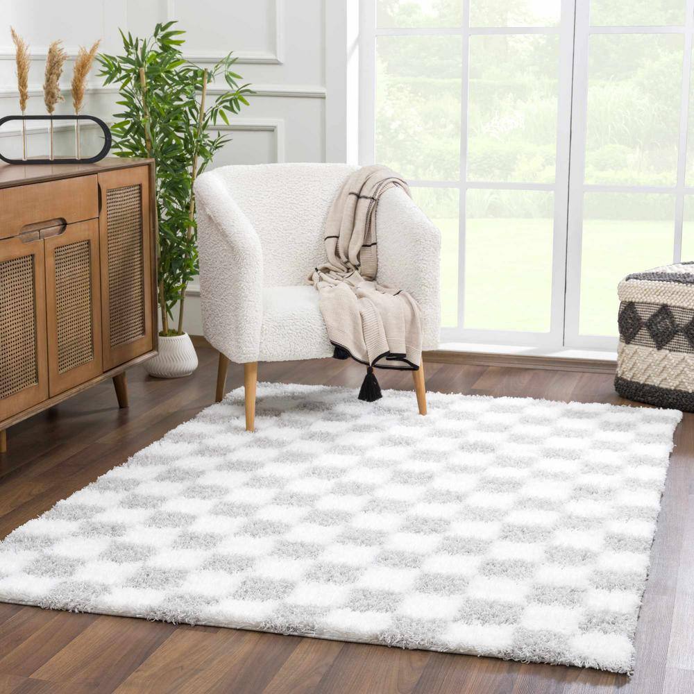 Atira Light Gray and Cream Checkered Shag Area Rug 5'3" x 7'3"