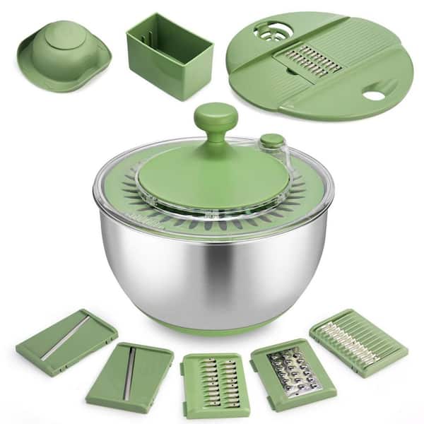 4.25 qt. Stainless Steel Salad Spinner with 5-Blade Slicer, Egg Yolk Strainer and Shredder for Food Washing and Dryer
