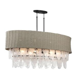 Breakers Isle 12-Light Black Island Chandelier for Dining Room with White Swirl Glass Shades and No Bulbs Included