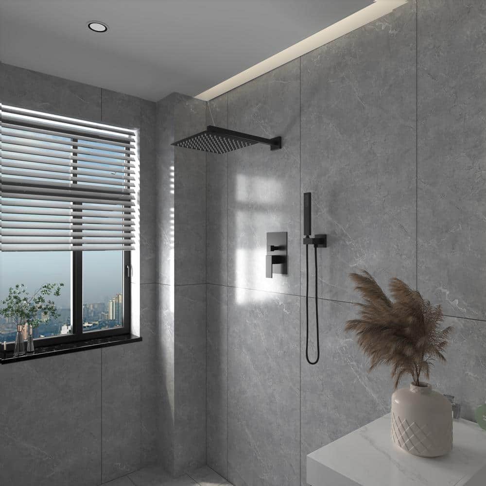 Matte Black 12-Inch Square Rain Shower Faucet Set