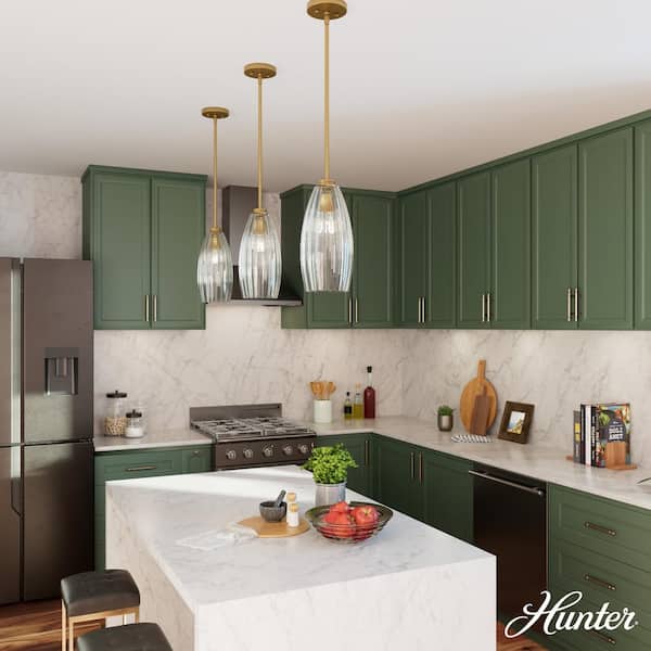 Hunter - Rossmoor 60-Watt 1-Light Luxe Gold Island Pendant Light with Bell Glass Shade, No Bulbs Included