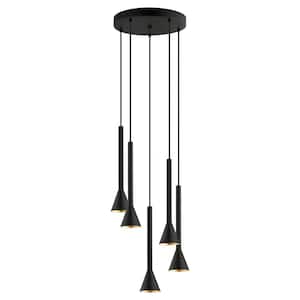 Cortaderas 15.16 in. W x 14 in. H 5-Light Matte Black Circular Staircase Pendant Light with Black/Gold Shades